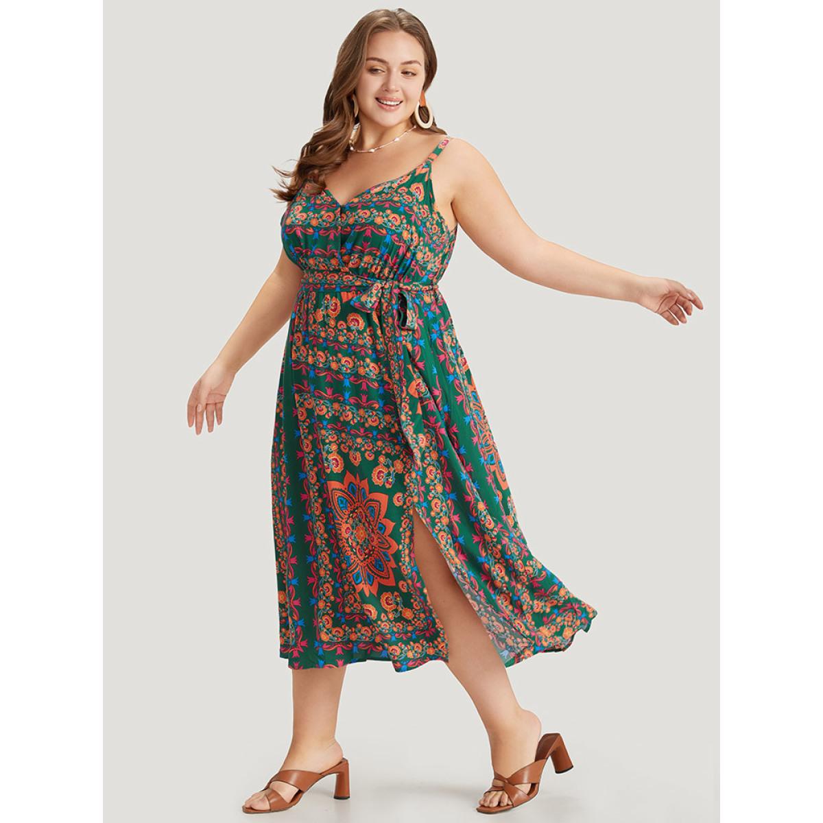 Plus Size Boho Print Belted Split Hem Pocket Cami Dress DarkGreen Women Vacation Gathered V-neck Sleeveless Curvy Midi Dress BloomChic 14-16/1X Product Image