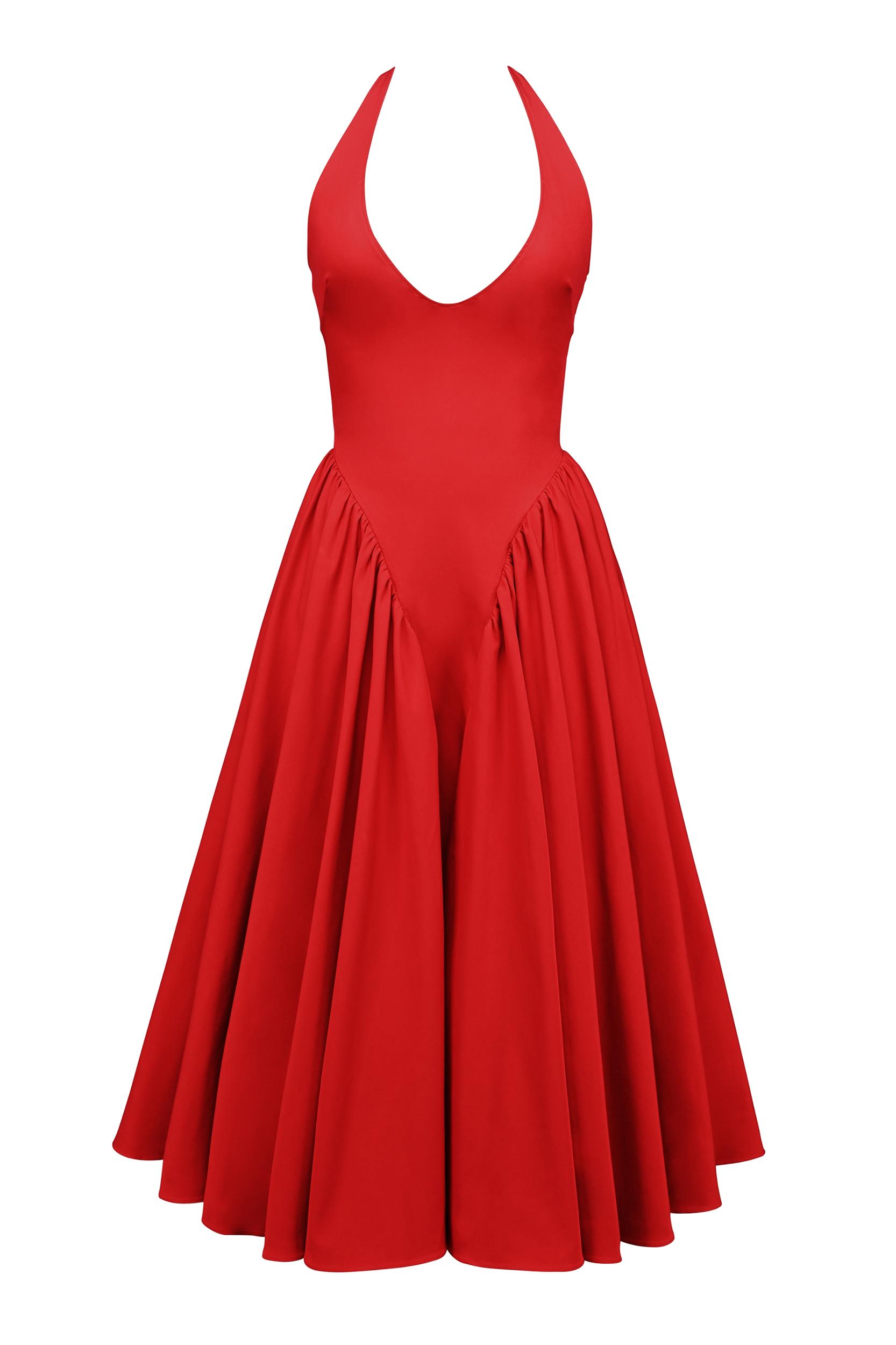 Marilyn  red twill halter midi dress Product Image