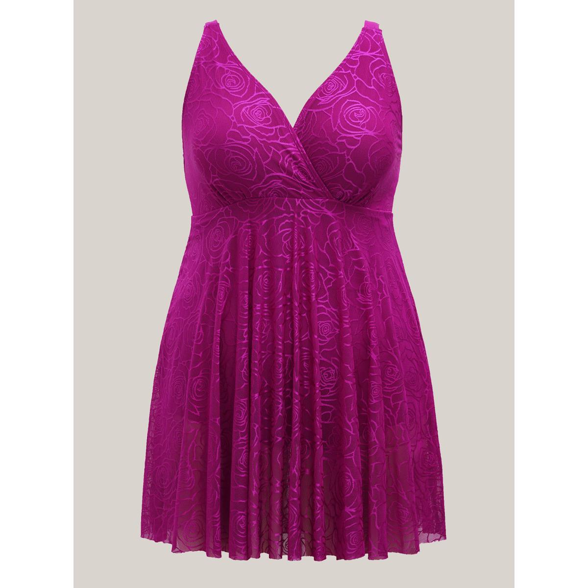 Plus Size Rosy Pattern Surplice Neck Flared Swim Dress Women's Swimwear RedViolet Beach Bodycon Overlap Collar High stretch Curve Swim Dresses BloomChic 14-16/1X Product Image