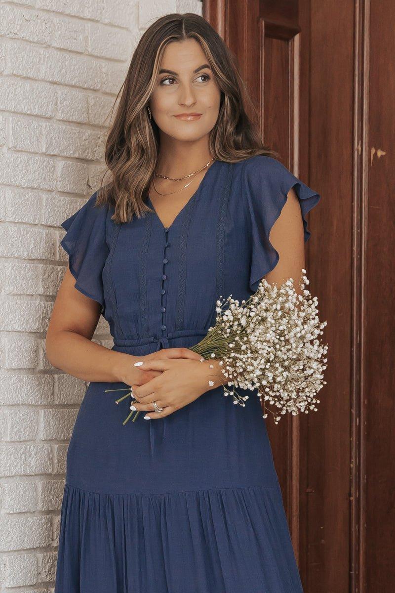 Celine Crochet Lace Tiered Boho Midi Dress - Navy Product Image