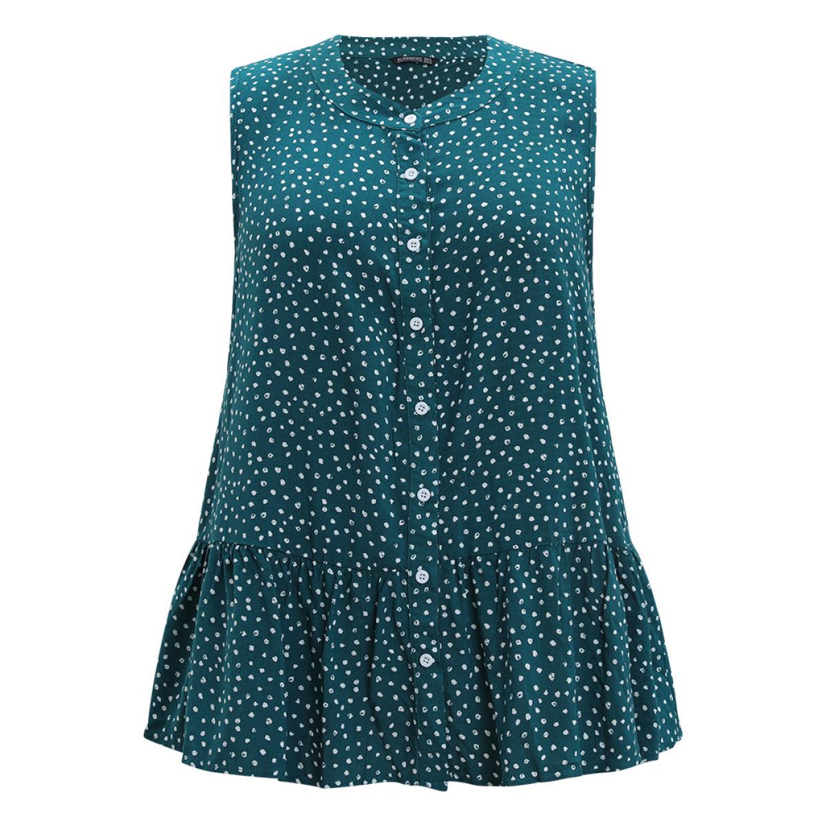 Plus Size Polka Dot Button Down Patchwork Tank Top Women Cyan Elegant Button Round Neck Dailywear Tank Tops Camis BloomChic 26/4X Product Image