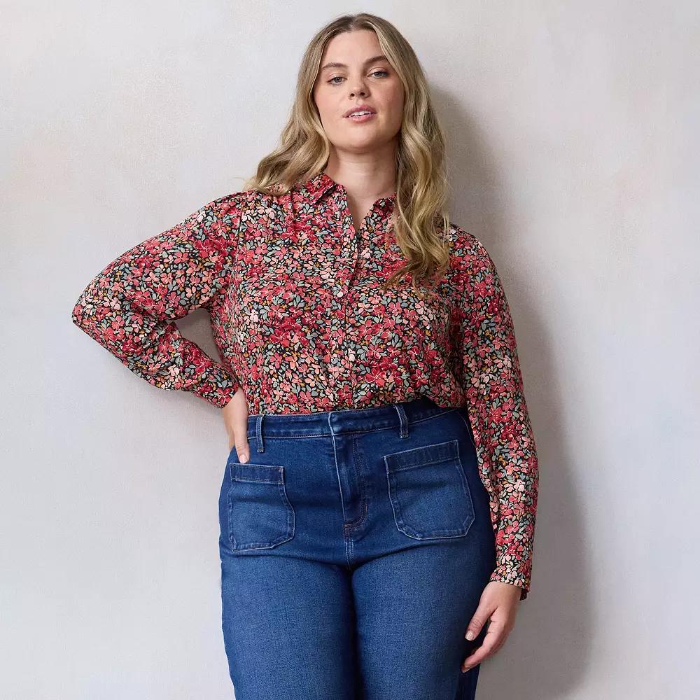 Plus Size LC Lauren Conrad Collared Button-Front Shirt, Women's, Size: 4XL, Red Brooke Fleurs Product Image