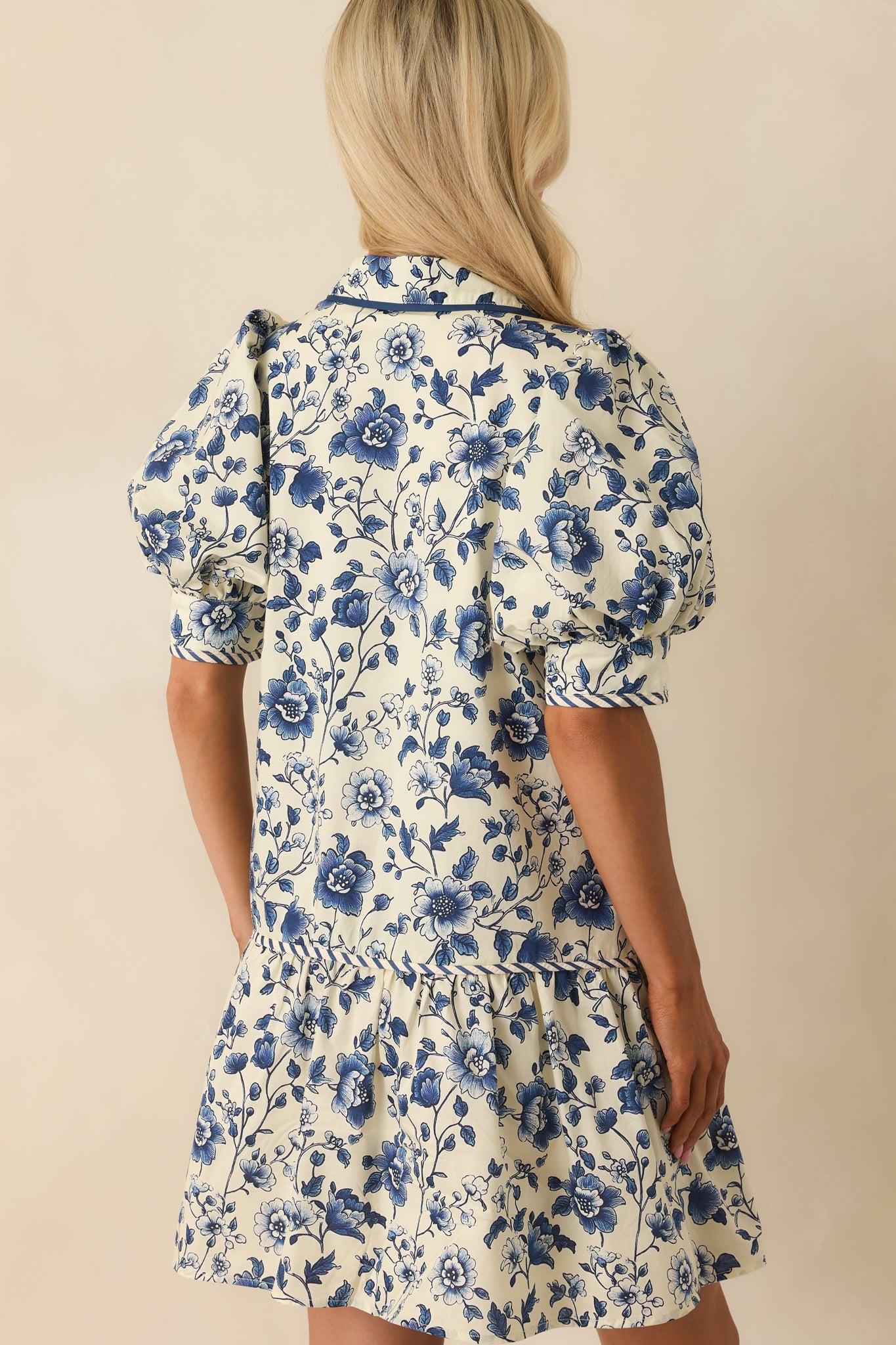 As It Happens Navy Floral Print Cotton Puff Sleeve Mini Dress Product Image