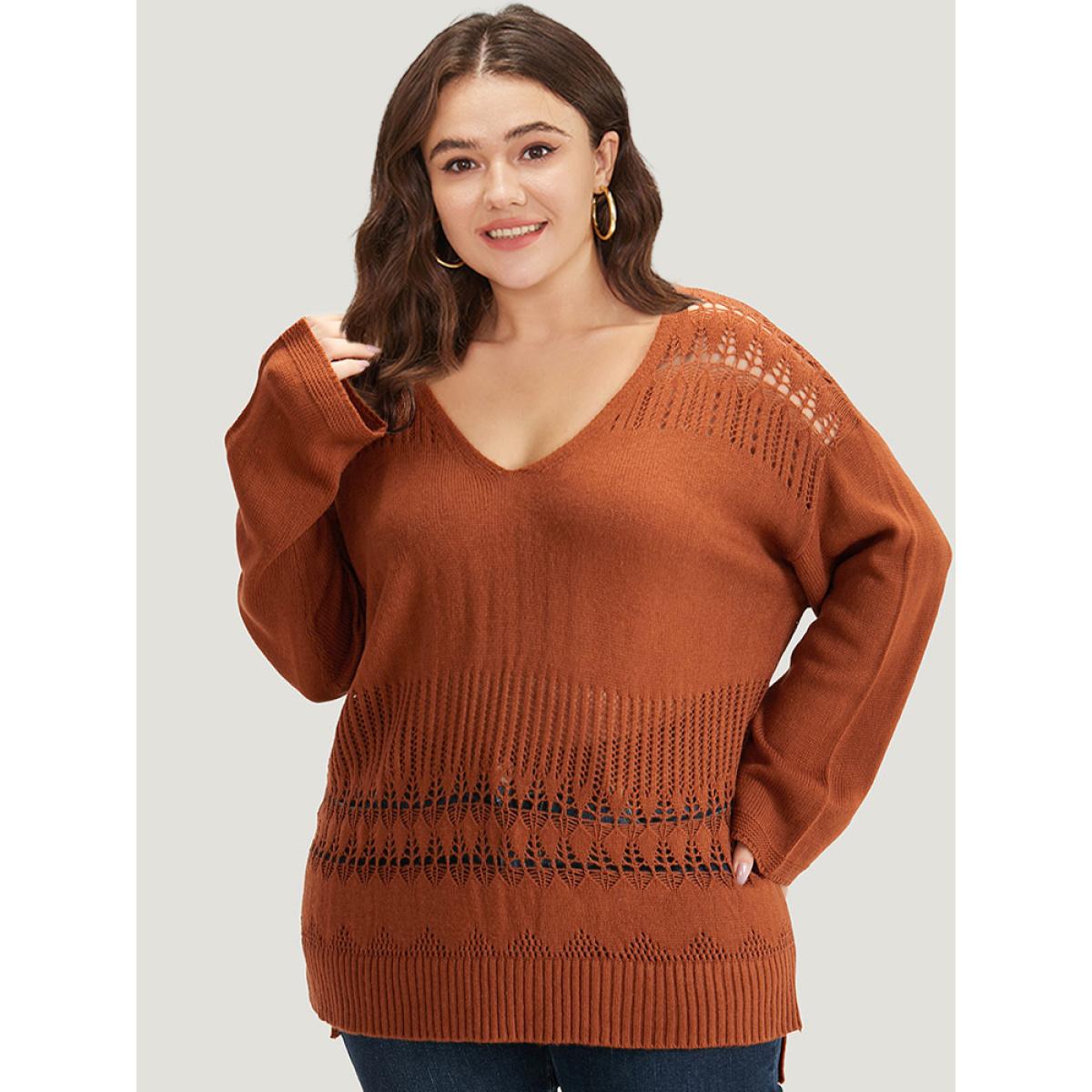 Plus Size Solid Hollow Out Split V Neck Pullover Chocolate Women Casual Loose Long Sleeve V-neck Everyday Pullovers BloomChic 10/M Product Image