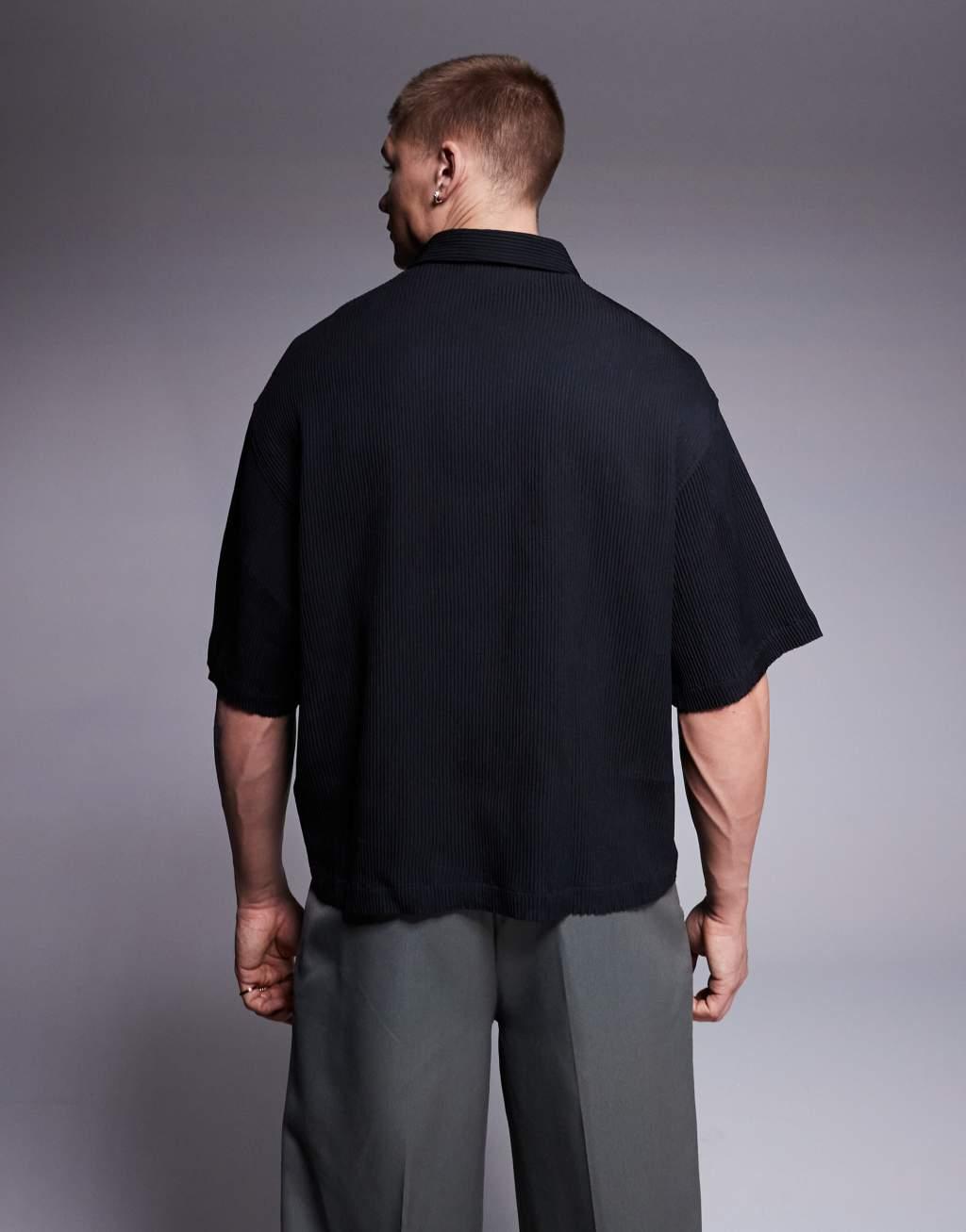 ASOS DESIGN overhead boxy plisse regular shirt in black Product Image