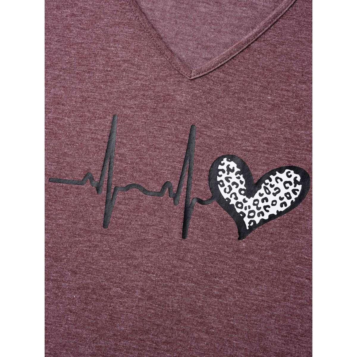 Plus Size V Neck Heart Print T-Shirt Russet Women Casual Non Art&design Round Neck Everyday T-shirts BloomChic 18-20/2X Product Image