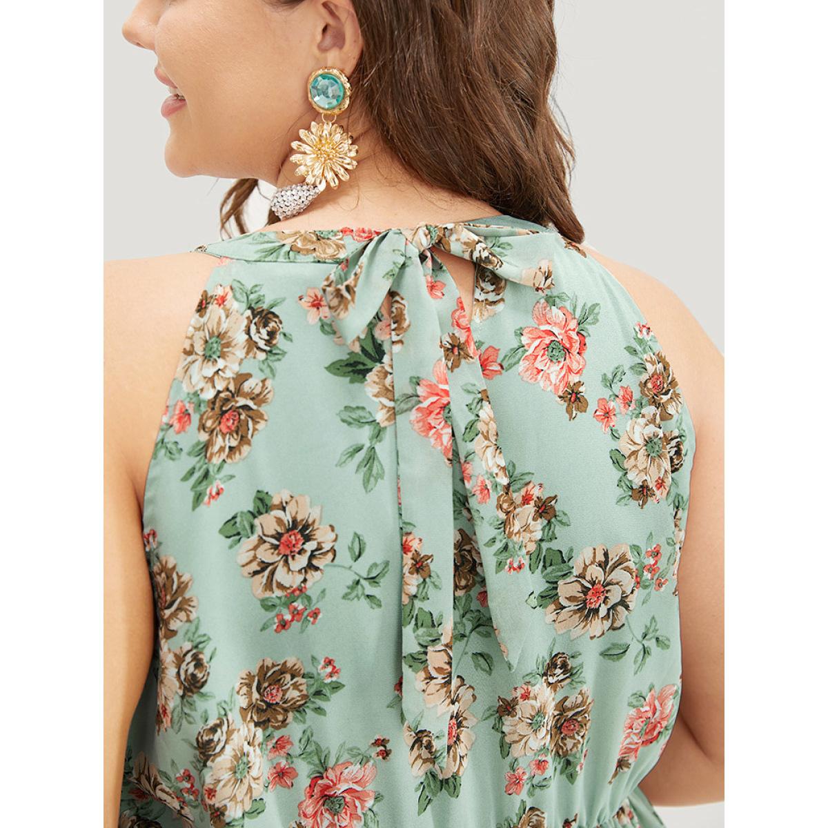 Plus Size Floral Pocket Ruffle Tiered Keyhole Knotted Halter Dress Mint Women Elegant Lined Halter neck Sleeveless Curvy Knee Dress BloomChic 14-16/1X Product Image