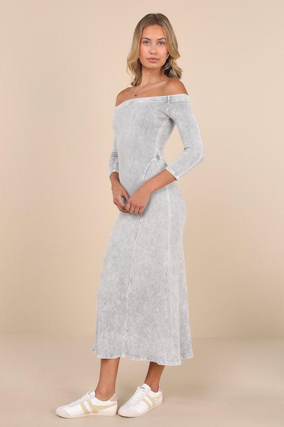 Remarkably Cool Washed Grey Ribbed Off-the-Shoulder Midi Dress Product Image