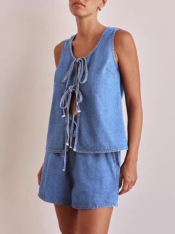 Loose Sleeveless Lace-Up Split-Joint Round-Neck Vest Top Product Image