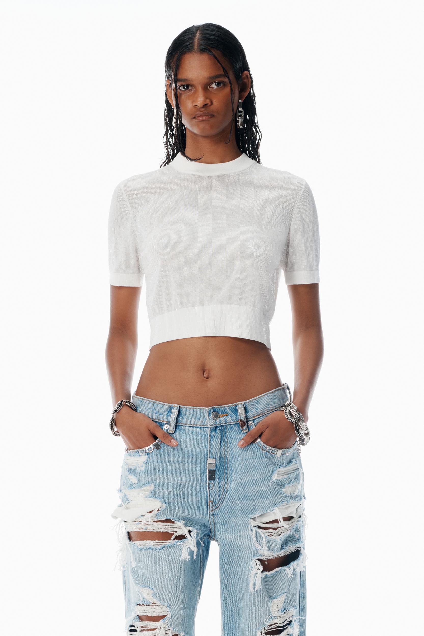 White Clear Bead Hotfix Crewneck Tee Product Image