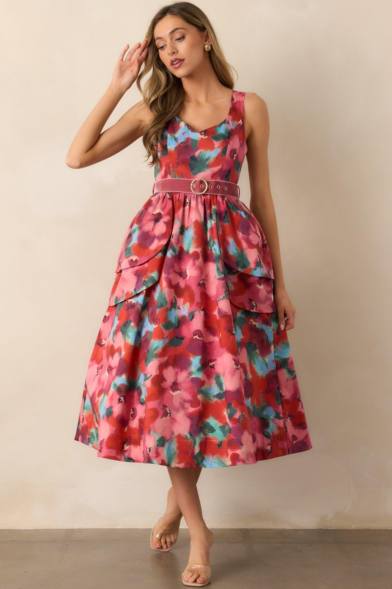 Prosperina Diana Pink Multi Floral Print Cotton Belted Midi Dress L / Pink Product Image