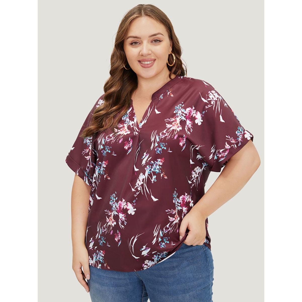 Plus Size Scarlet Floral Roll Batwing Sleeve Notched Neck Blouse Women Elegant Short sleeve Notched collar Dailywear Blouses BloomChic 30/6X Product Image
