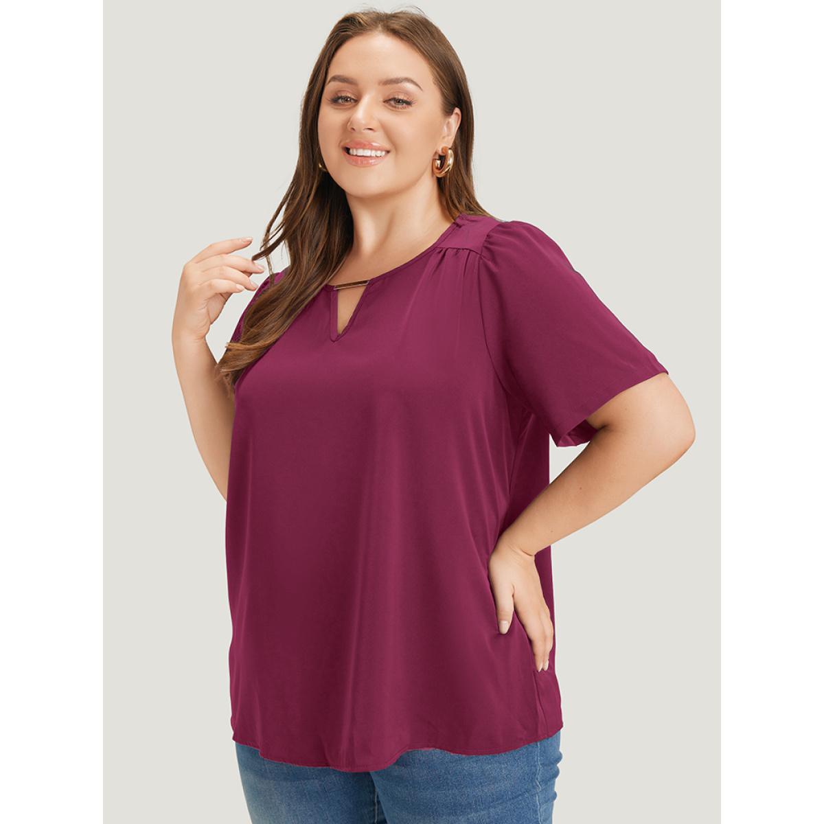 Plus Size Burgundy Anti-Wrinkle Plain Metal Detail Keyhole Neck Blouse Women Office Short sleeve V-neck Work Blouses BloomChic 12/L Product Image