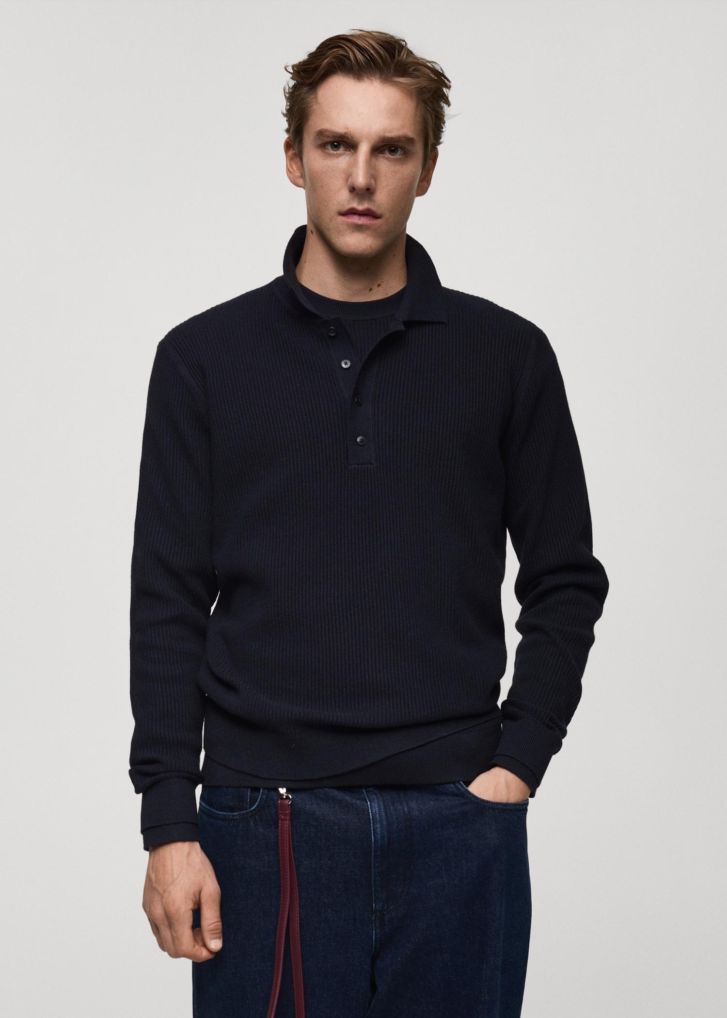 Cotton-blend ribbed polo sweater - Men | MANGO USA Product Image