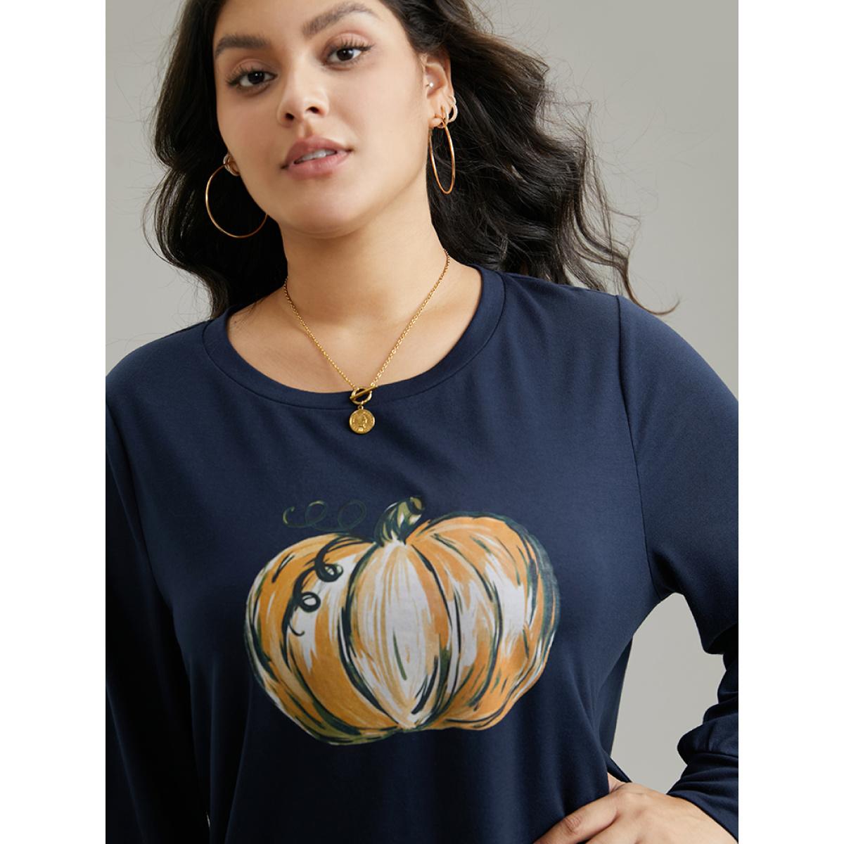 Plus Size Round Neck Pumpkin Print Sweatshirt Women Indigo Casual Printed Dailywear Sweatshirts BloomChic 12/L Product Image