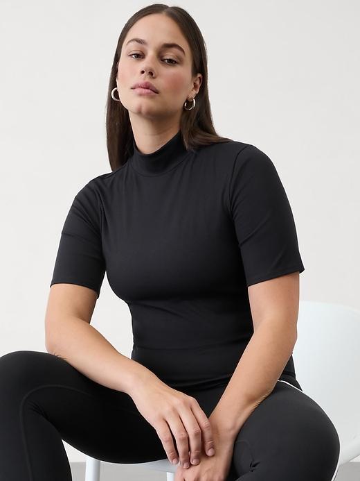Signature Rib Mock Neck Elbow Sleeve Tee Product Image