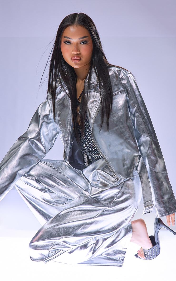 Silver Metallic Biker Jacket Product Image