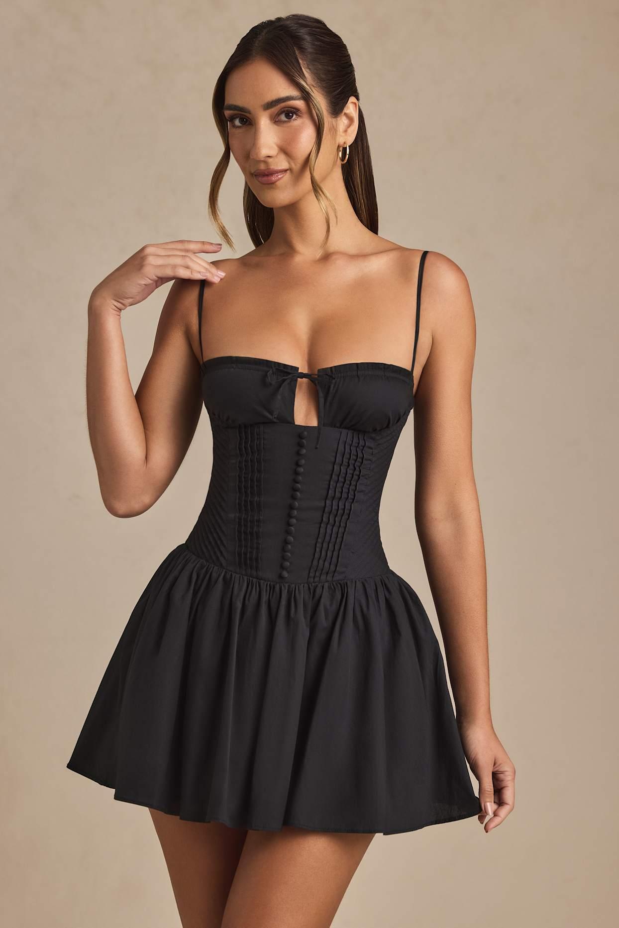 Pintucked Shirred Mini Dress in Black Product Image