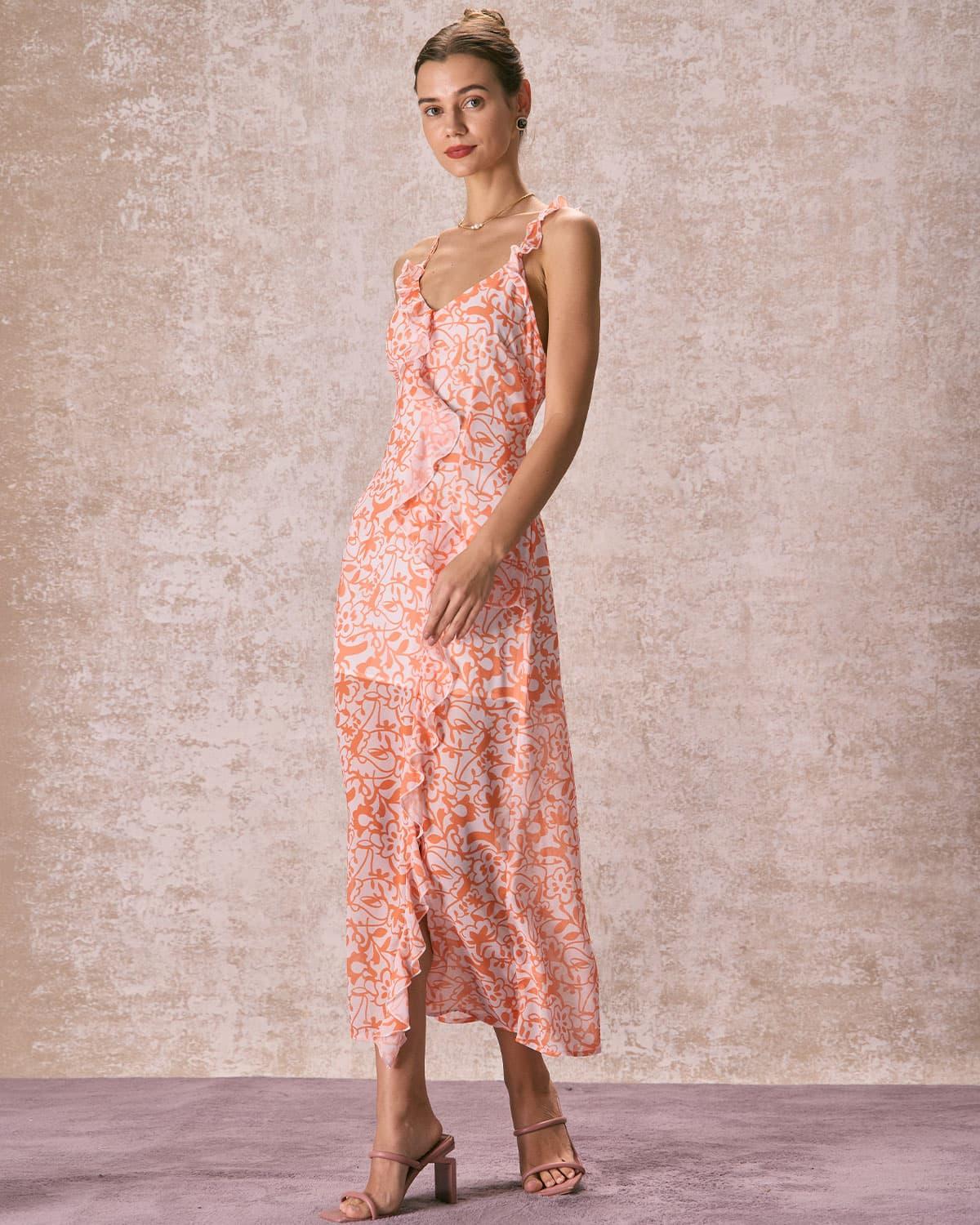 The Orange V Neck Floral Ruffle Maxi Dress Product Image
