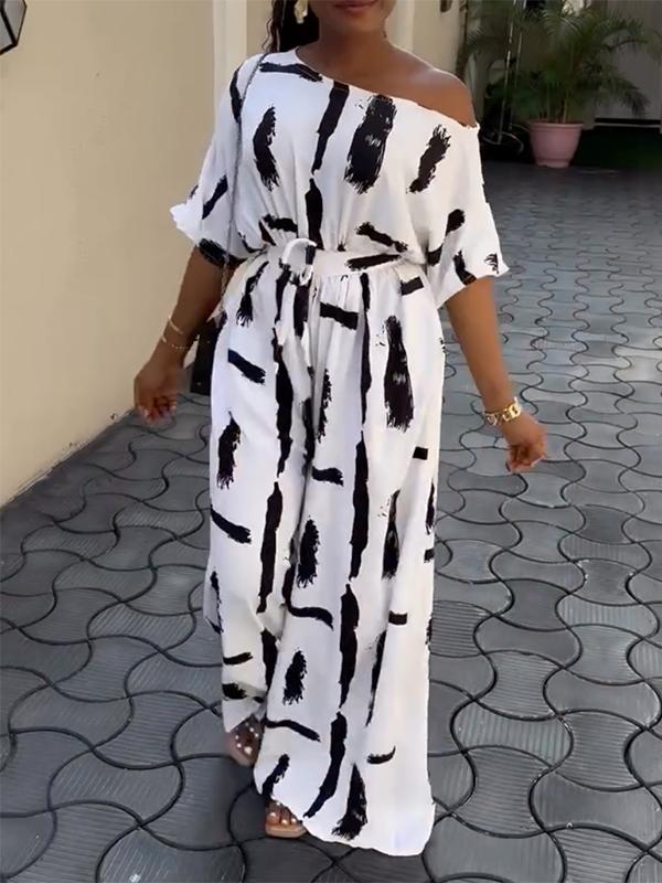 Half Sleeves Loose Printed Striped Tied Waist One-Shoulder Jumpsuits Product Image