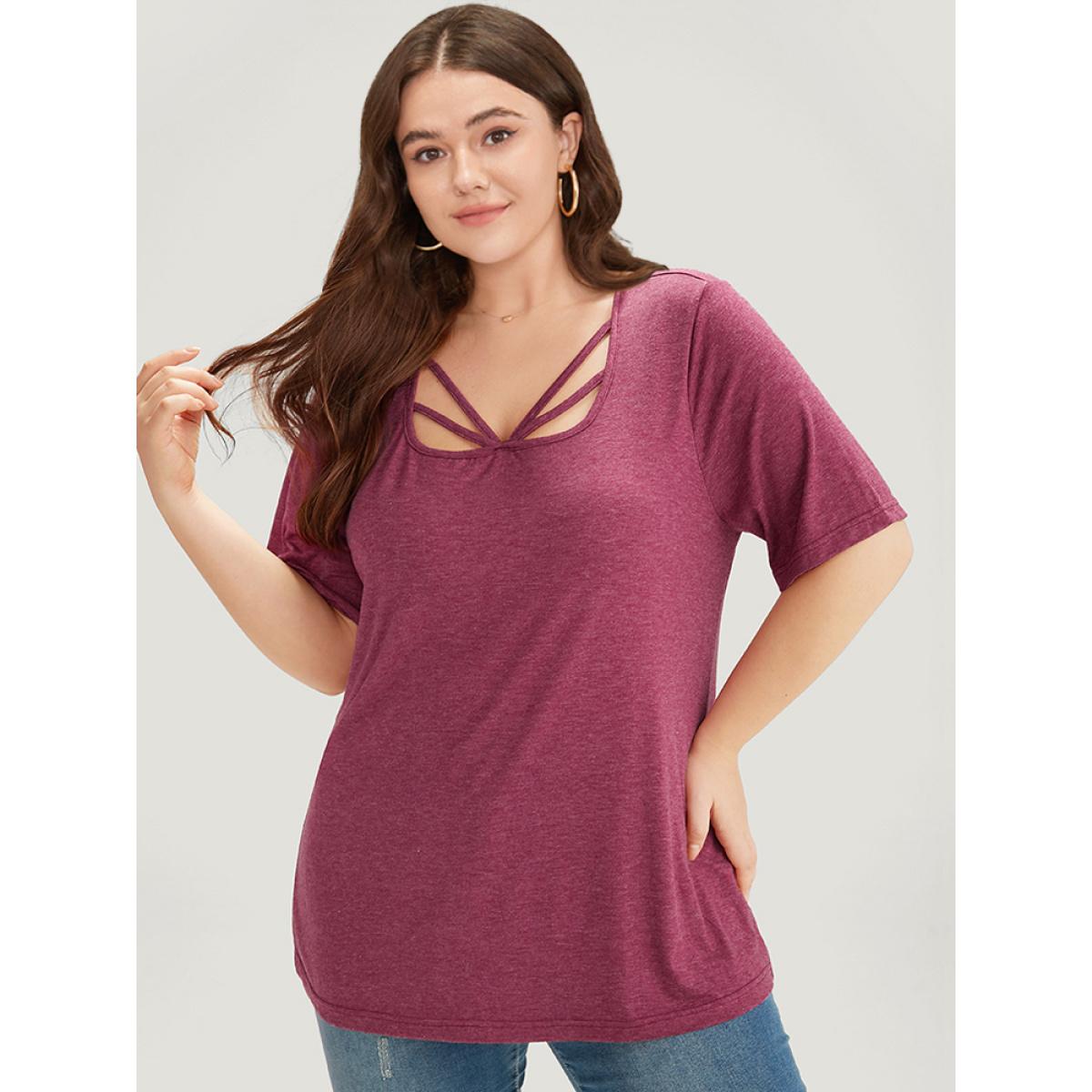 Plus Size Plain Heather Crisscross Square Neck T-shirt Burgundy Women Casual Plain Plain Square Neck Dailywear T-shirts BloomChic 18-20/2X Product Image