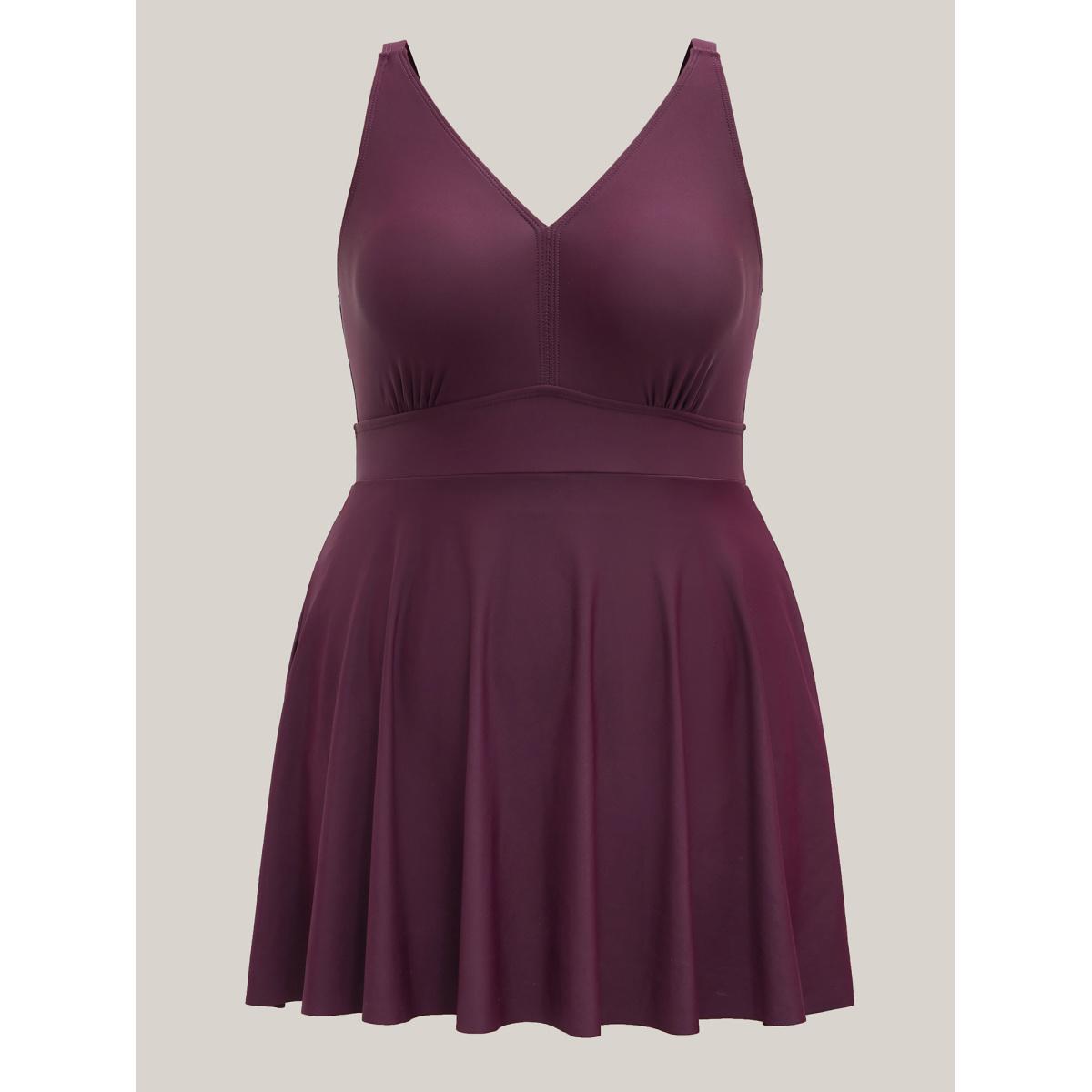 Plus Size Adjustable Back Ties Pleated Swim Dress Women's Swimwear Deepred Beach Bodycon V-neck High stretch Curve Swim Dresses BloomChic 22-24/3X Product Image