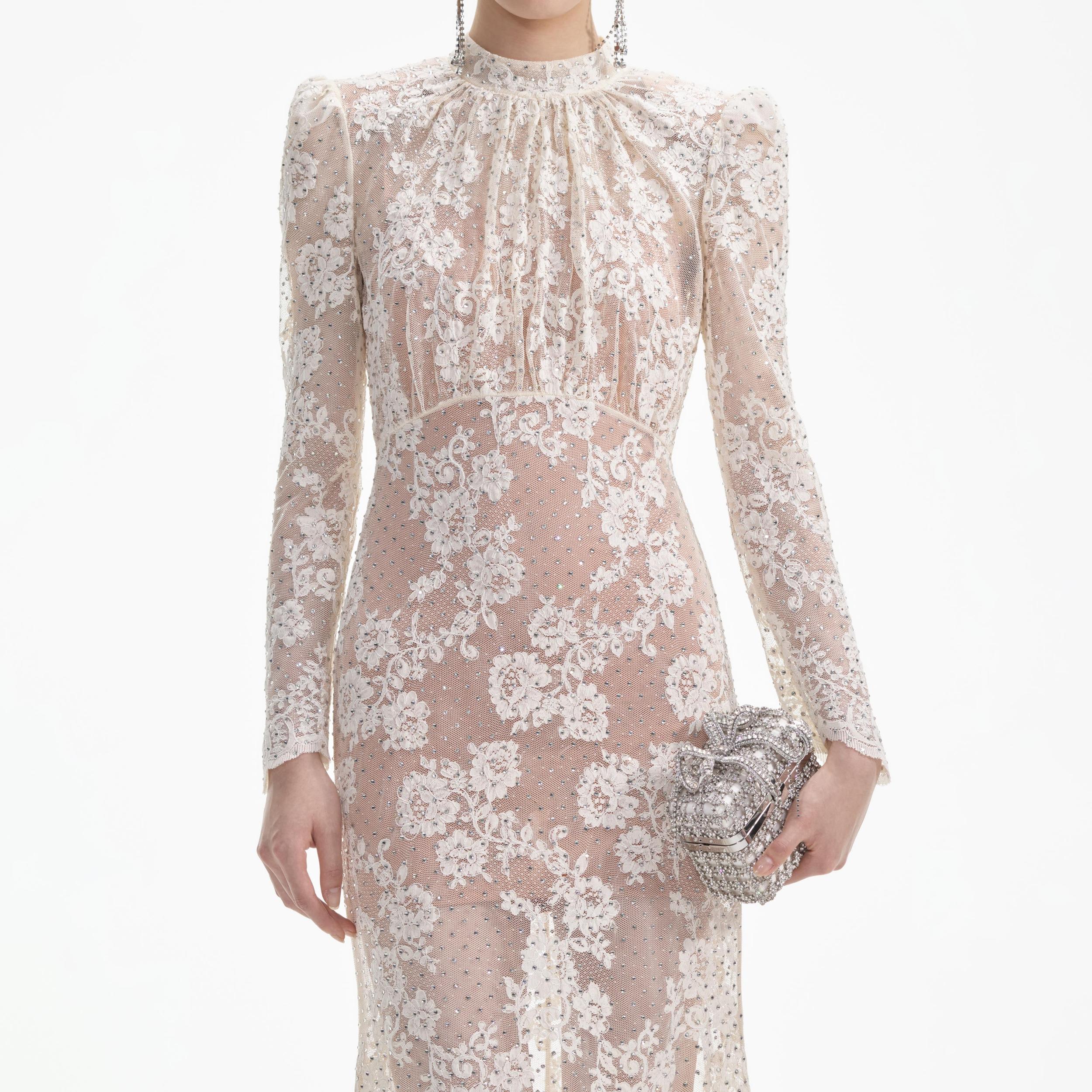 White Rhinestone Lace Maxi Dress Product Image