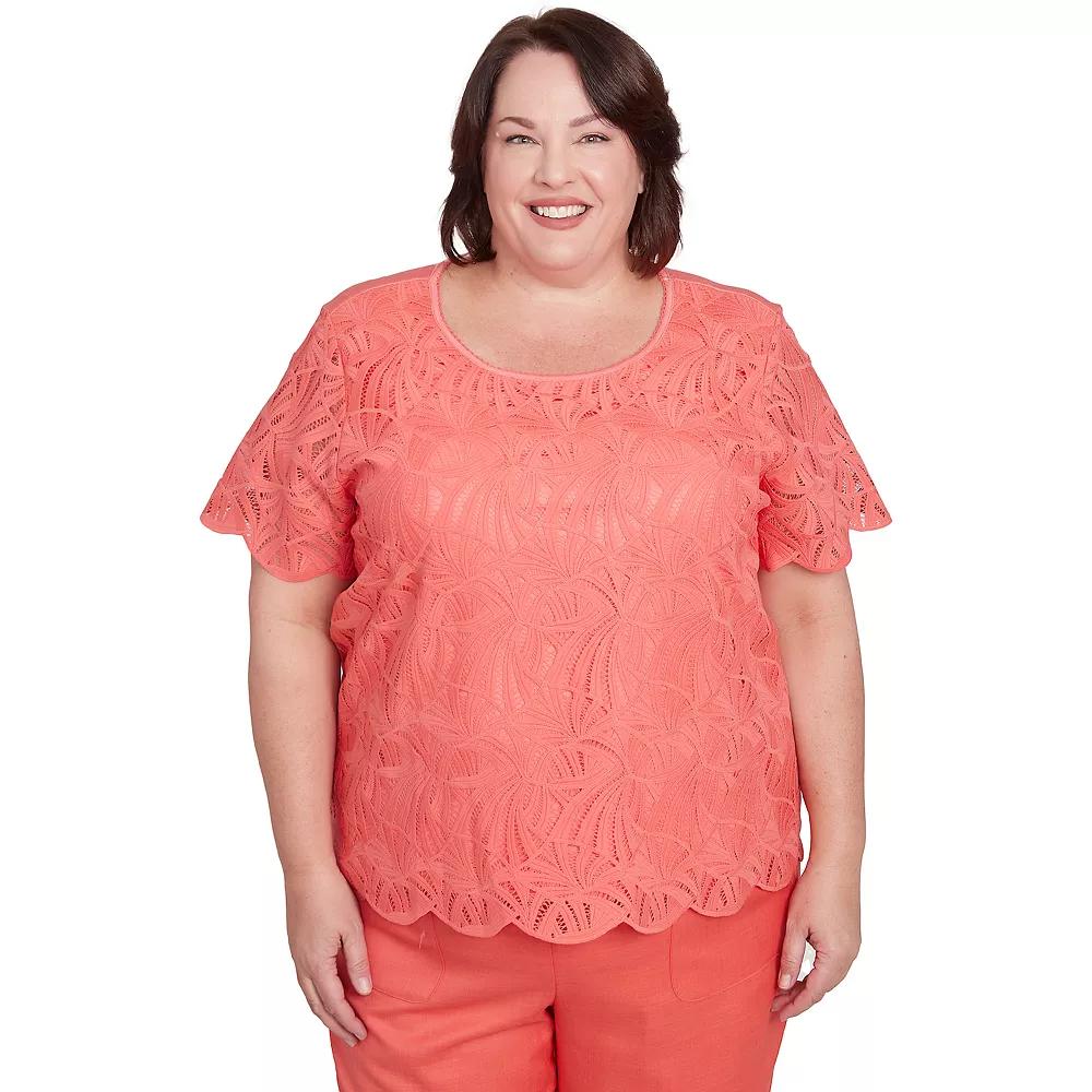 Plus Size Alfred Dunner Lace Trimmed Textured Tee, Women's, Size: 3XL, Orange Product Image