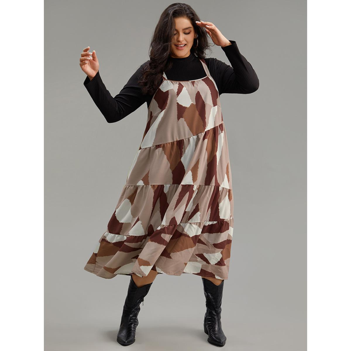 Plus Size Colorblock Contrast Pocket Cami Ruffle Hem Dress LightBrown Women Casual Adjustable Straps Spaghetti Strap Sleeveless Curvy Midi Dress BloomChic 26/4X Product Image