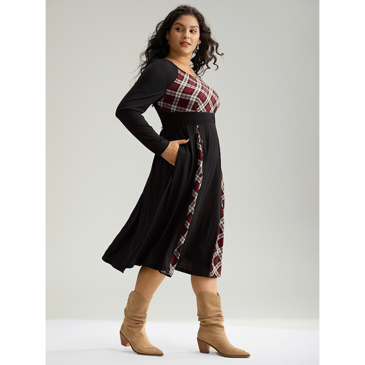 Plus Size Christmas Plaid Patchwork Button Detail Dress Scarlet Women Elegant Printed Round Neck Long Sleeve Curvy Midi Dress BloomChic 30/6X Product Image