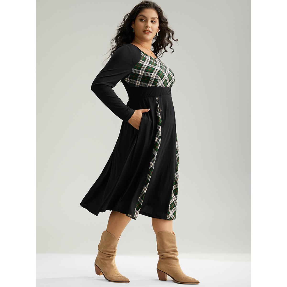 Plus Size Christmas Plaid Patchwork Button Detail Dress Black Women Elegant Printed Round Neck Long Sleeve Curvy Midi Dress BloomChic 18-20/2X Product Image