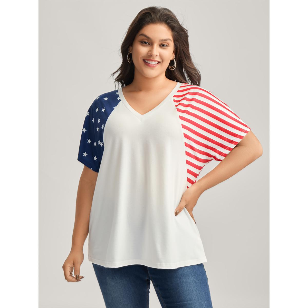 Plus Size American Flag Print V-Neck T-Shirt WhiteSmoke Women Leisure Contrast Country V-neck Casual T-shirts BloomChic 12/L Product Image