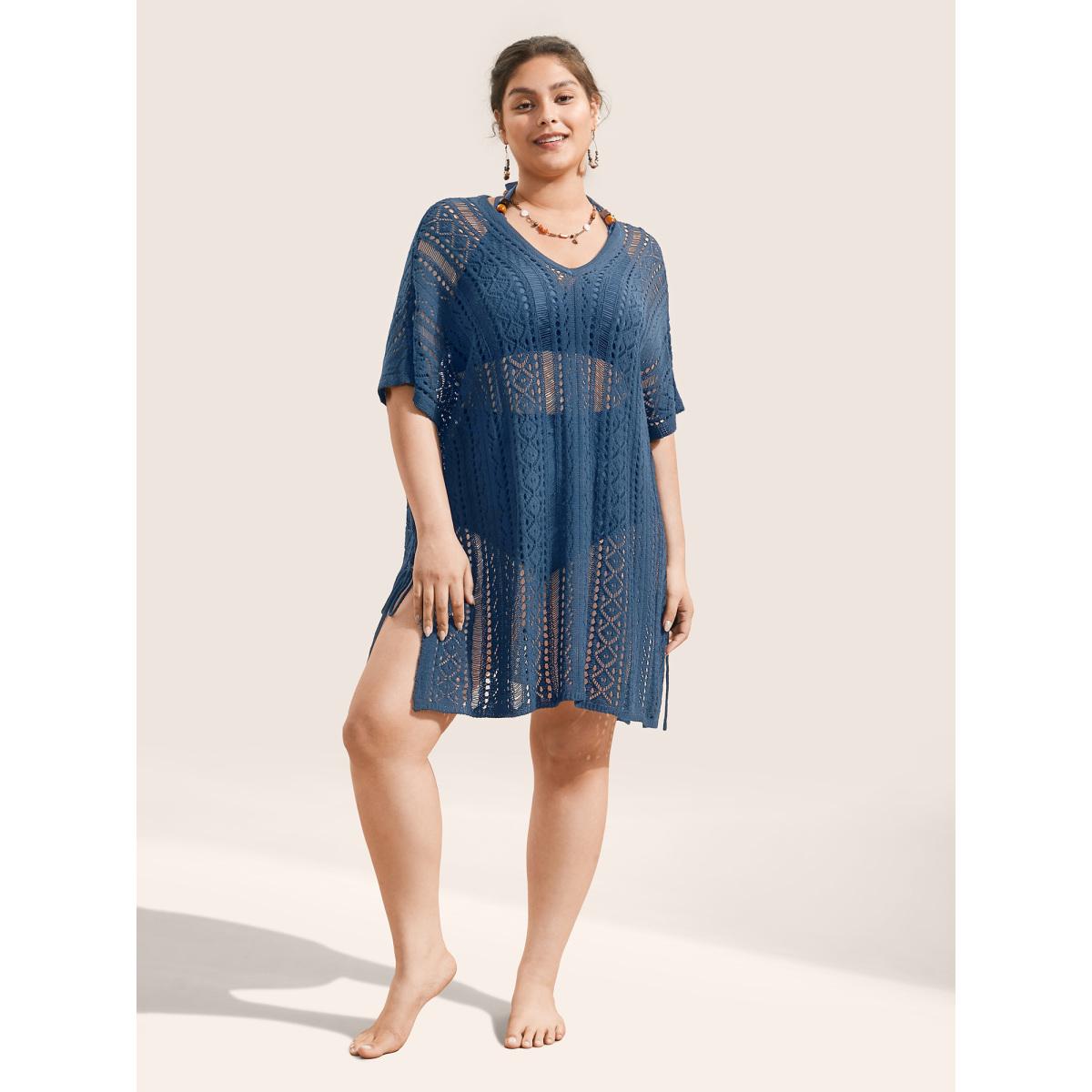 Plus Size Plain Texture Ties Hollow Out Split Hem Swim Cover Up Women's Swimwear Aegean Beach Cut-Out Curve Swim Cover Ups BloomChic 14-16/1X Product Image
