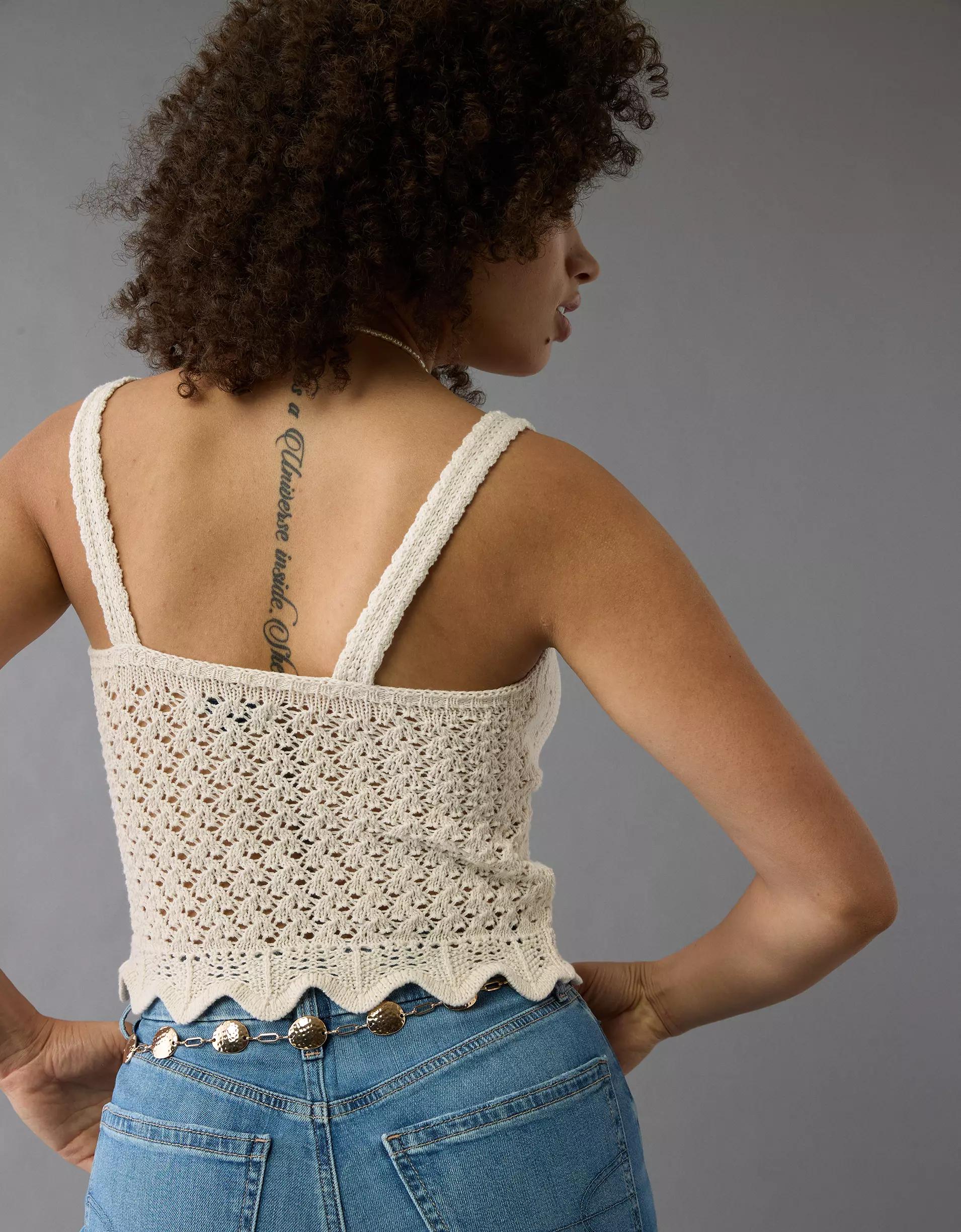 AE V-Neck Pointelle Scalloped Crochet Tank Top Product Image
