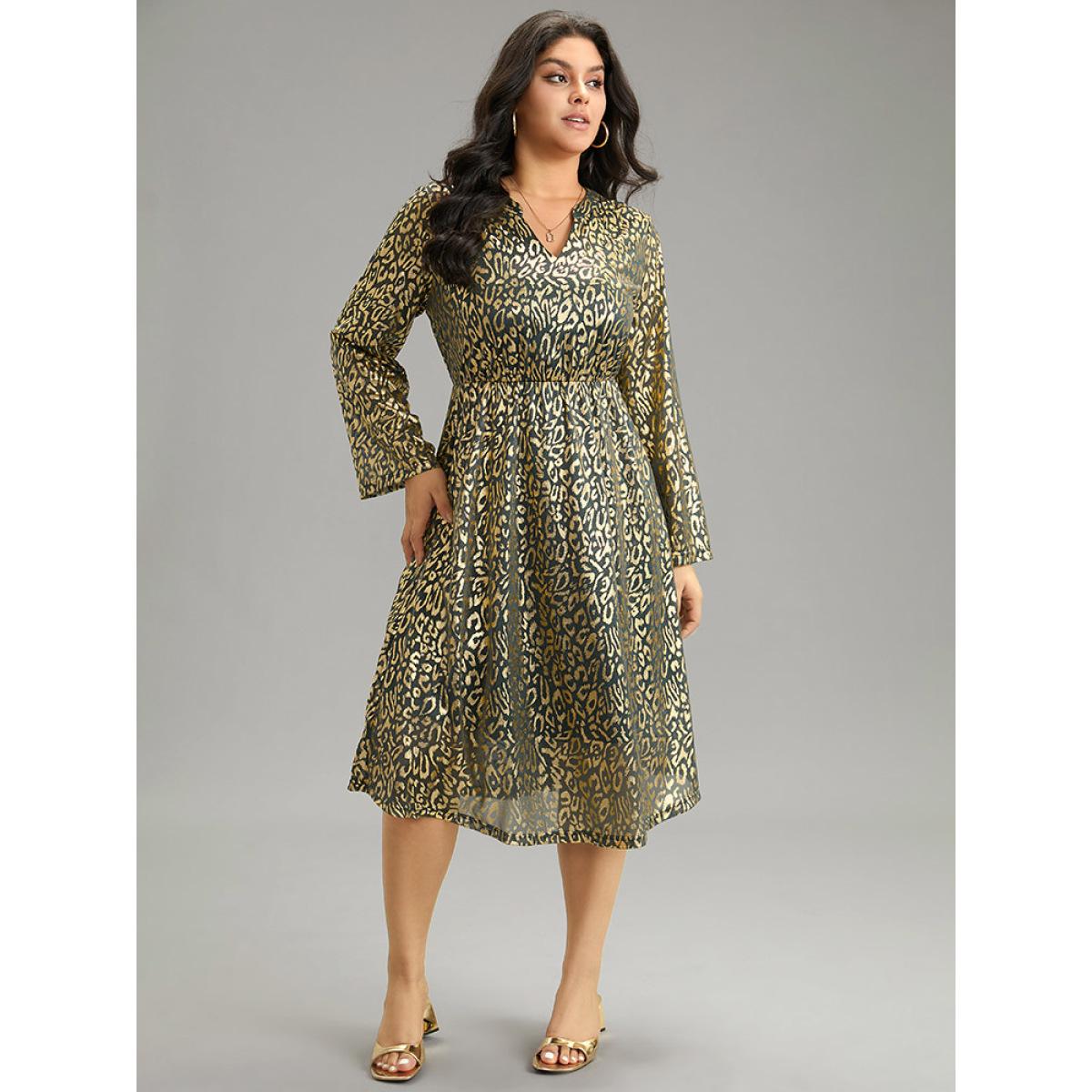 Plus Size Leopard Glitter Pocket Elastic Waist Dress DarkGreen Women Elegant Printed V-neck Long Sleeve Curvy Midi Dress BloomChic 26/4X Product Image