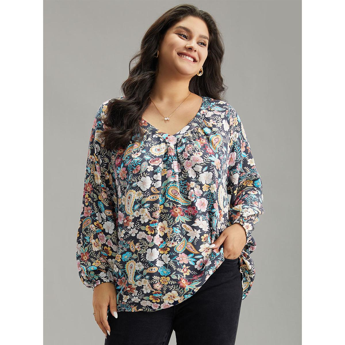 Plus Size Indigo Paisley Lantern Sleeve Gathered Blouse Women Elegant Long Sleeve V-neck Dailywear Blouses BloomChic 28/5X Product Image