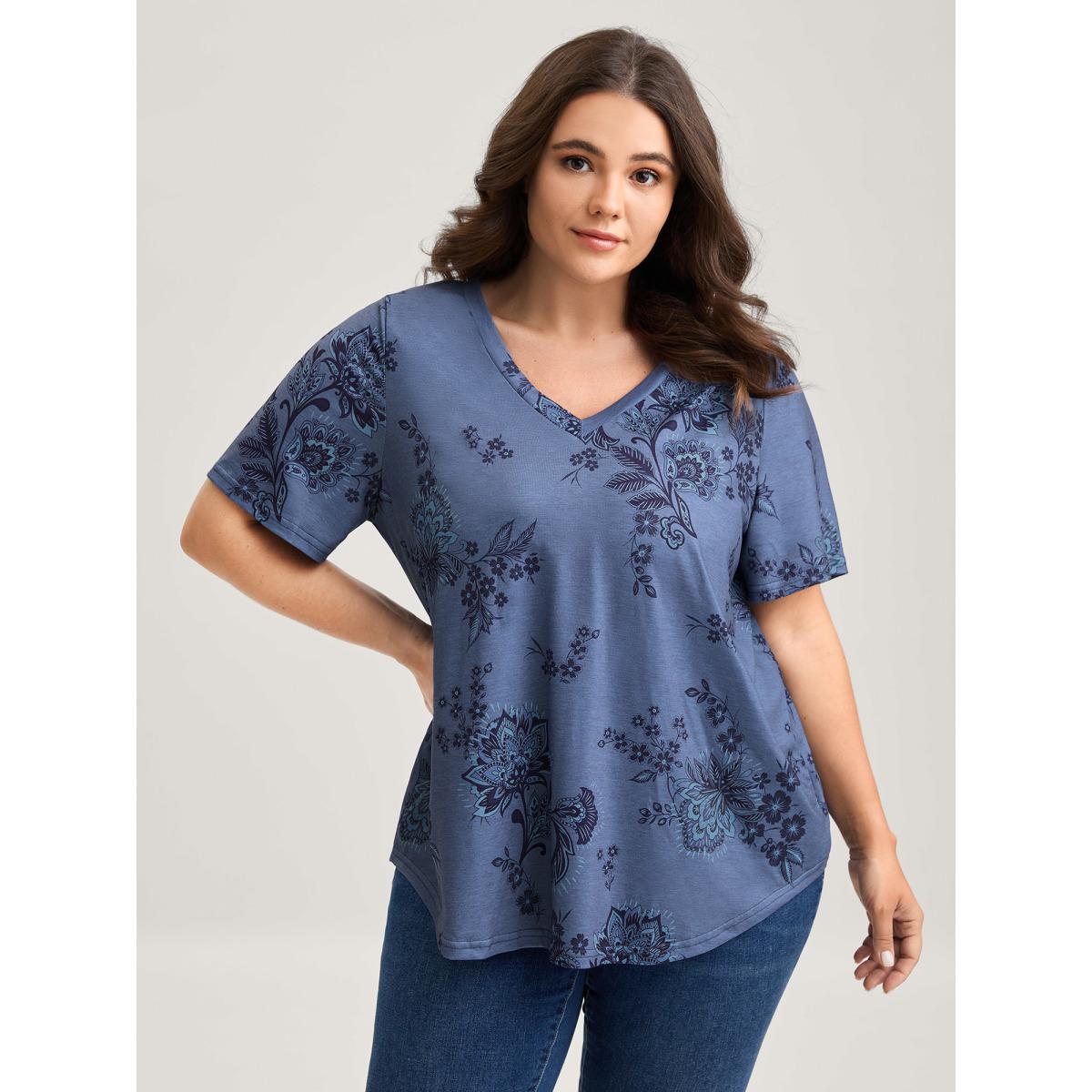 Plus Size Floral V-Neck Drapey T-Shirt Cerulean Women Leisure Non V-neck Casual T-shirts BloomChic 26/4X Product Image