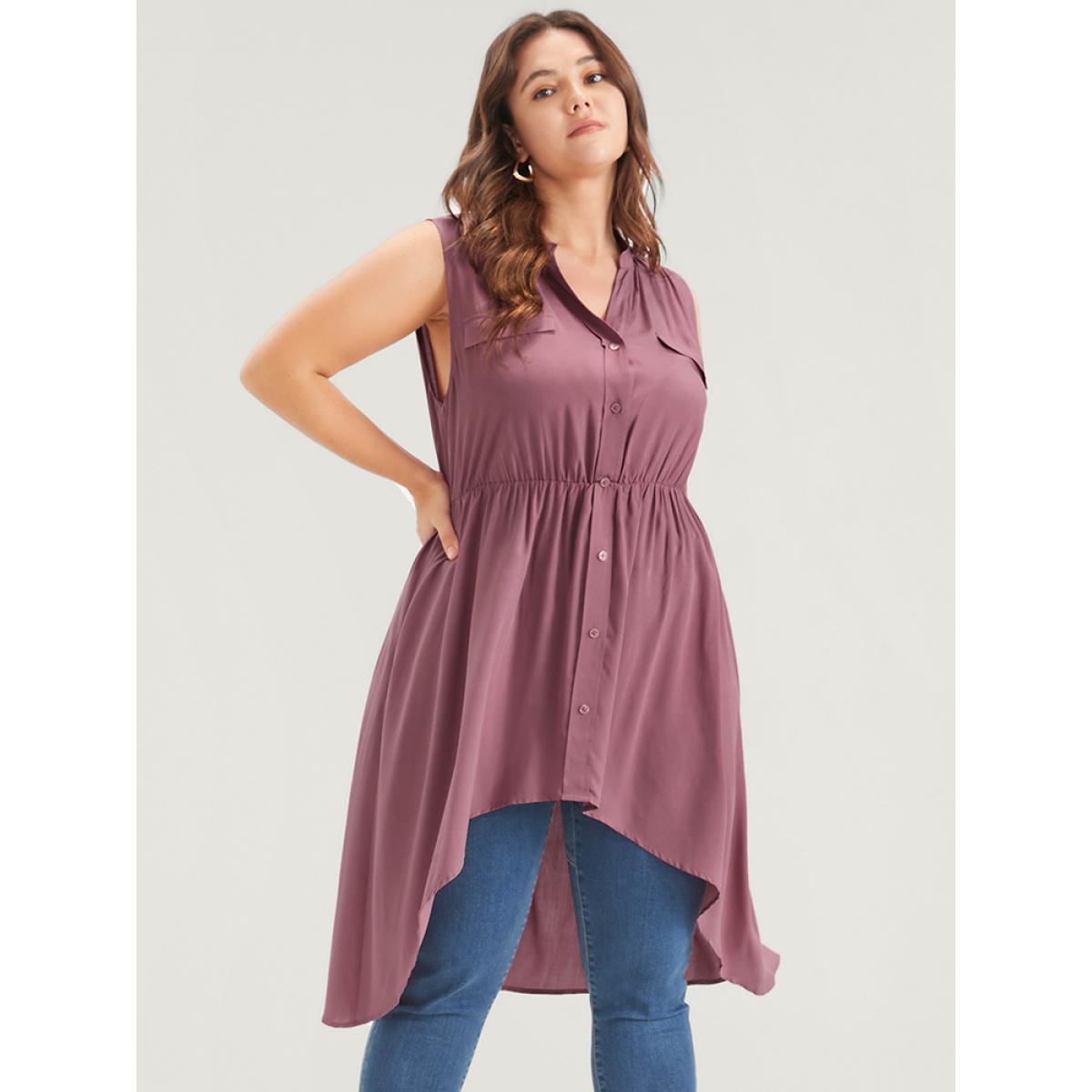 Plus Size DustyPink Solid Gathered Button High Low Hem Fake Pocket Tank Top Women Elegant Sleeveless V-neck Dailywear Blouses BloomChic 10/M Product Image