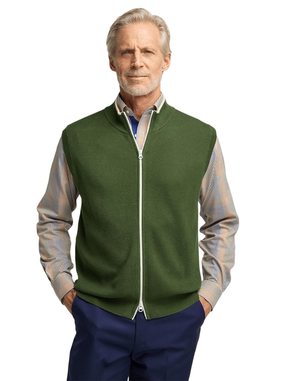 Cotton Full Zip Mock Neck Vest - Green Product Image