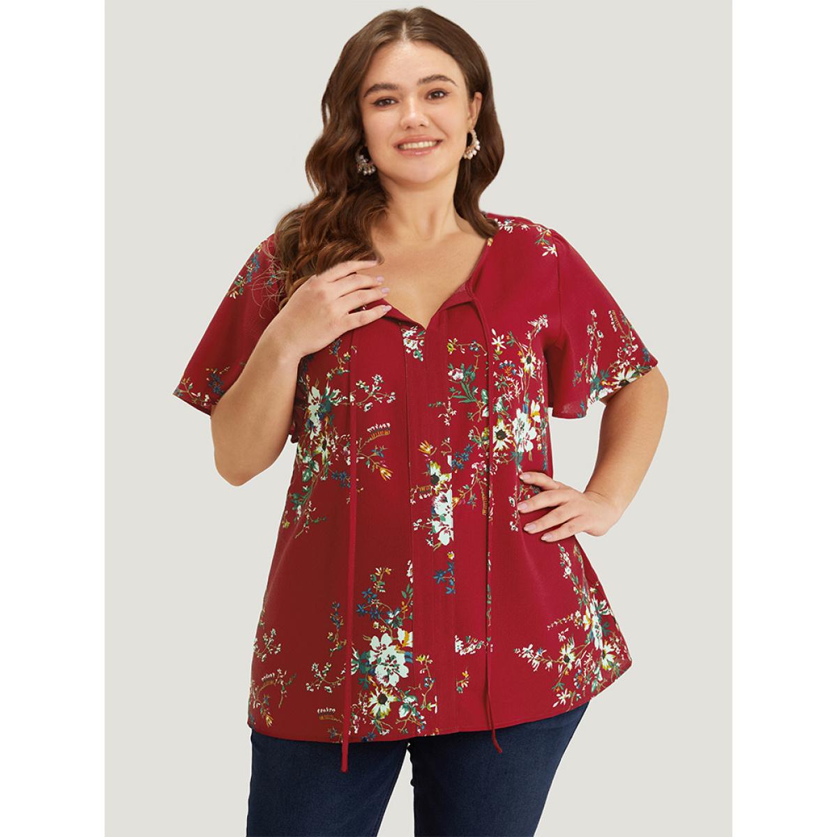 Plus Size Scarlet Floral Print Knot Neck Blouse Women Elegant Short sleeve Tie Neck Dailywear Blouses BloomChic 30/6X Product Image