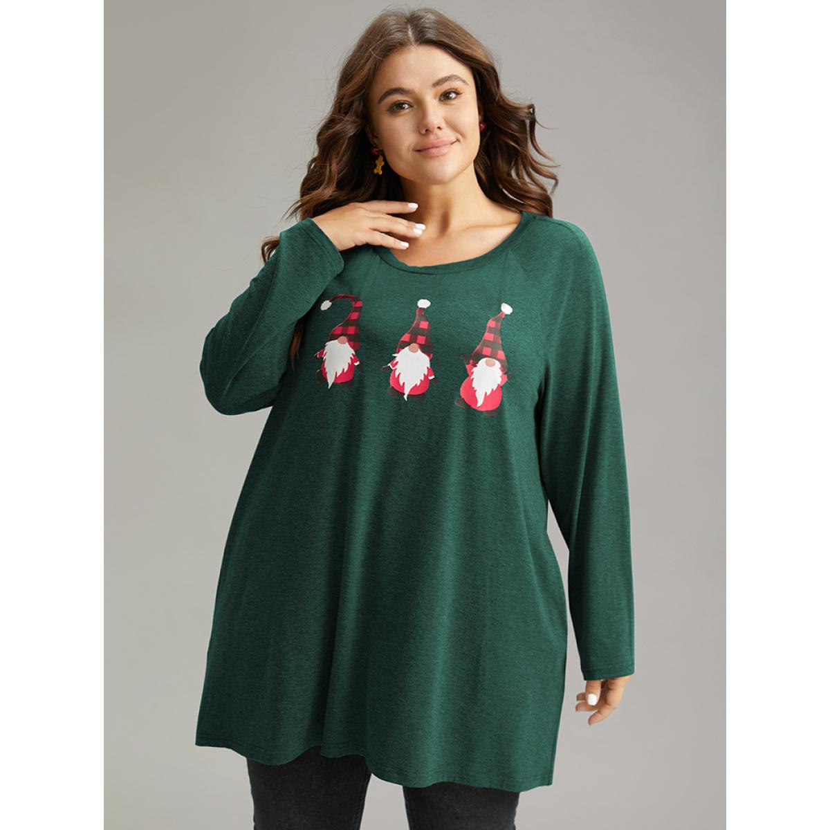 Plus Size Santa Claus Print Long Sleeve T-shirt Green Women Casual Printed Christmas Dailywear T-shirts BloomChic 26/4X Product Image