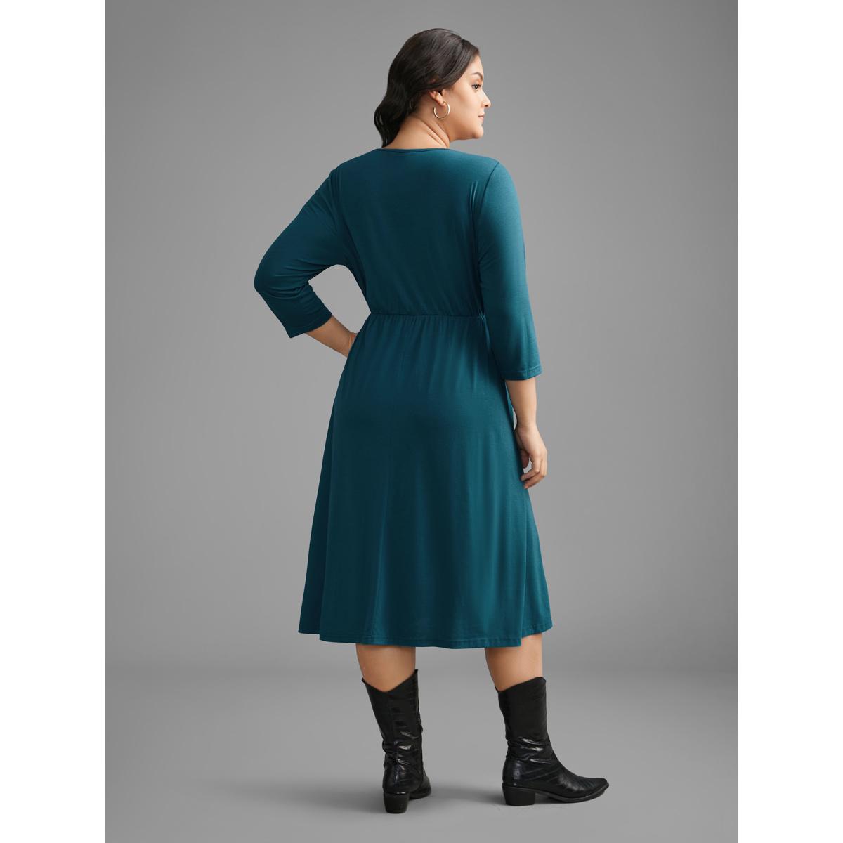 Plus Size V Neck Gathered Midi Knit Dress Aegean Women Casual Gathered Knit Dresses Bloomchic 28/5X Product Image