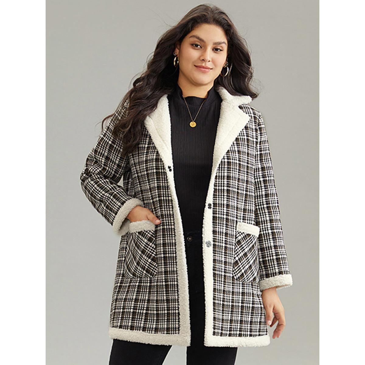 Plus Size Plaid Fuzzy Trim Patchwork Lapel Collar Pocket Coat Women Black Casual Contrast Ladies Everyday Winter Coats BloomChic 14-16/1X Product Image