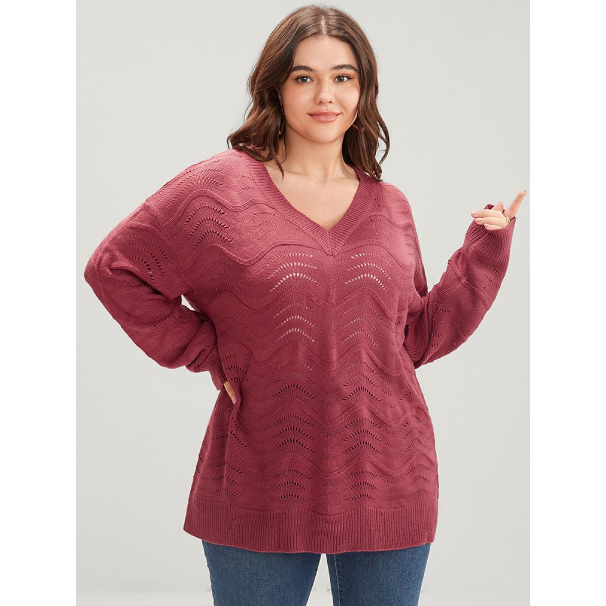 Plus Size Plain Pointelle Knit Water Ripple Eyelet Knit Top Scarlet Women Casual Loose Long Sleeve V-neck Dailywear Pullovers BloomChic 14-16/1X Product Image
