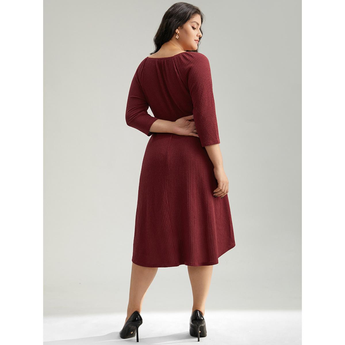 Plus Size Solid Rib Knit Lace Insert Dress Burgundy Women Elegant Rib Knit V-neck Long Sleeve Curvy Midi Dress BloomChic 18-20/2X Product Image