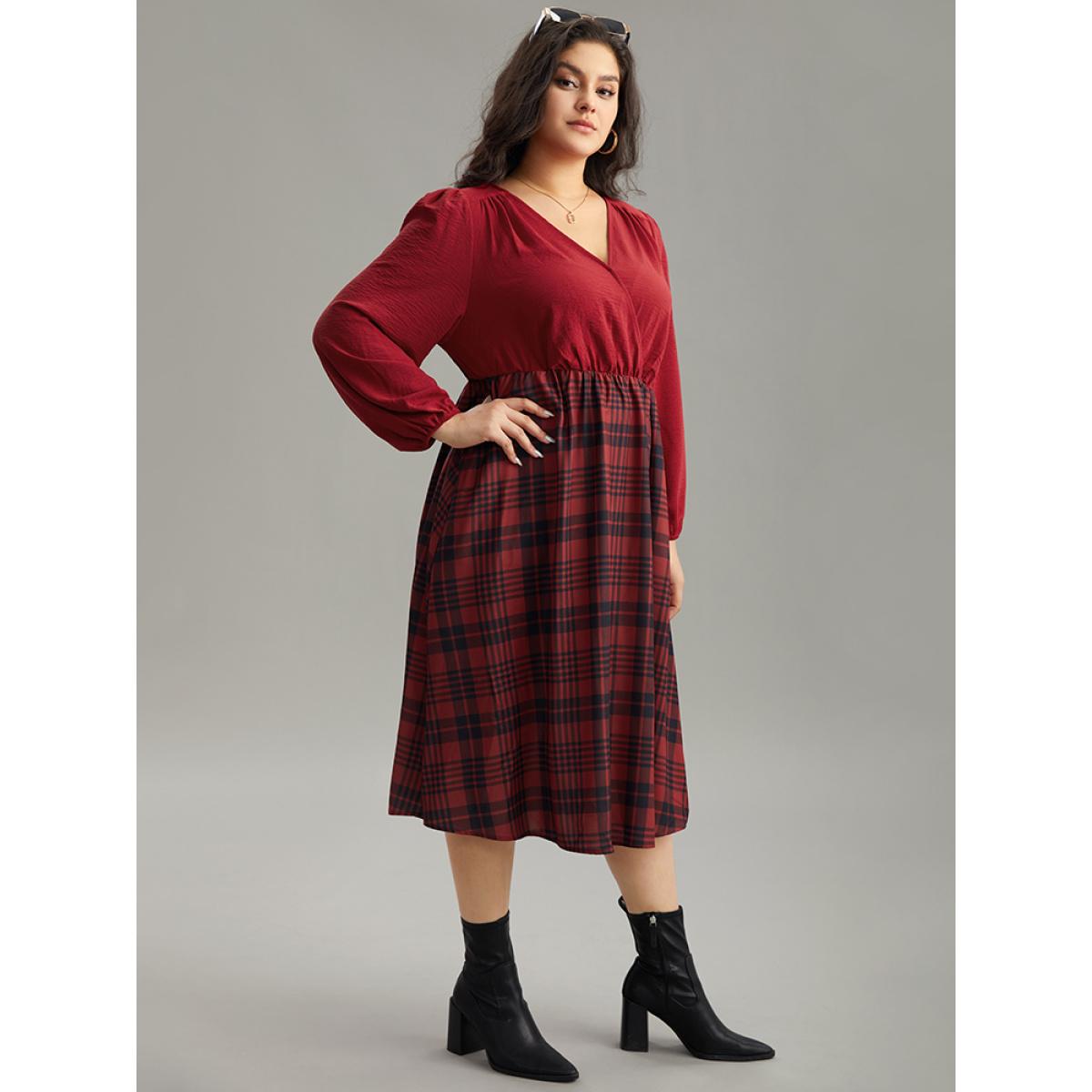 Plus Size Plaid Patchwork Gathered Lantern Sleeve Dress Raspberry Women Casual Elastic cuffs V-neck Long Sleeve Curvy Midi Dress BloomChic 18-20/2X Product Image