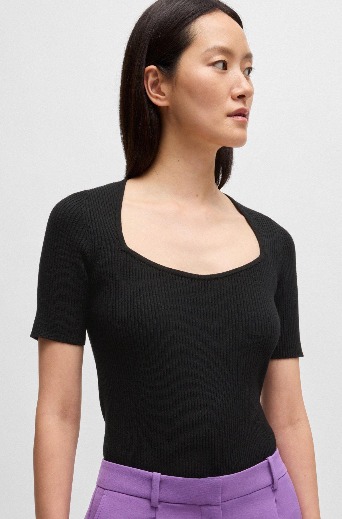 BOSS - Square-neck short-sleeved sweater in ribbed stretch fabric - Black Product Image