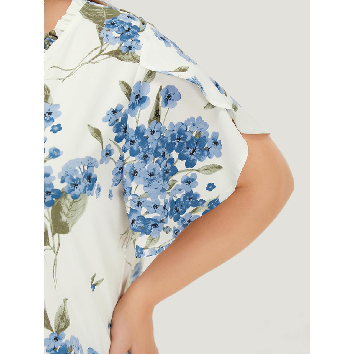 Plus Size White Floral Frill Trim Petal Sleeve Blouse Women Elegant Short sleeve V-neck Dailywear Blouses BloomChic 18-20/2X Product Image