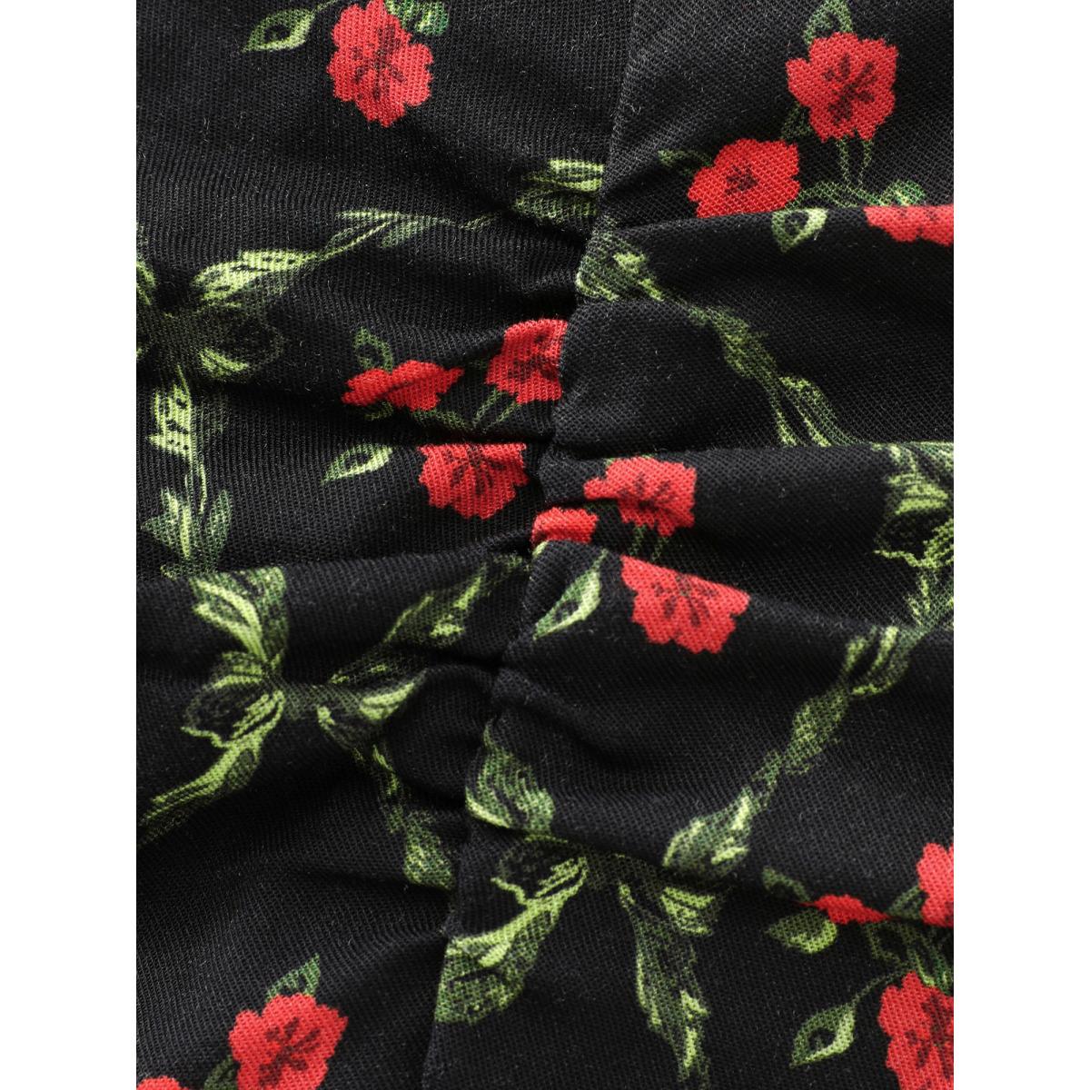 Plus Size Floral Print Square Neck Ruched Midi Dress BlackFlower Women Timeless Gathered Heart neckline Long Sleeve Curvy BloomChic 10/M Product Image