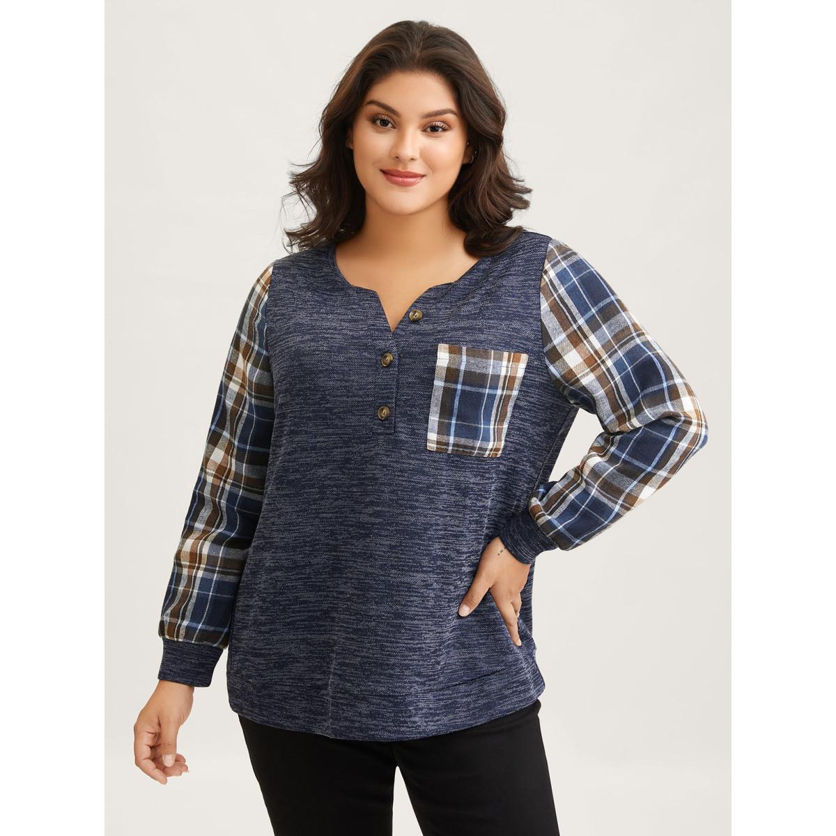 Plus Size Plaid Sleeve Button Up Patchwork Sweatshirt Women Indigo Leisure Contrast Notched collar Casual Sweatshirts BloomChic 18-20/2X Product Image